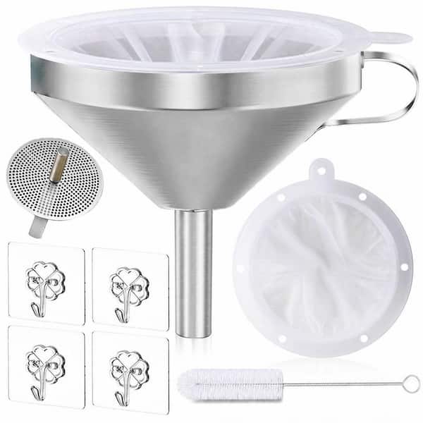 5 in. Silver Stainless Steel Funnel Set with 200 Mesh Strainer for Bottles and Jars