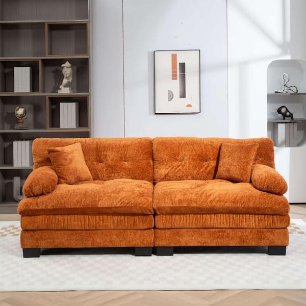 Modern 84 in. Orange Chenille 2-Seater Loveseat with 2-Pillows