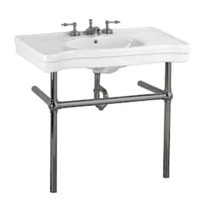 Belle Epoque 35-1/2 in. Console Sink Combo in White with Black Nickel Bistro Legs and Pre-Drilled Widespread Faucet Hole