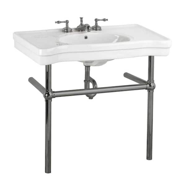 RENOVATORS SUPPLY MANUFACTURING Belle Epoque 35-1/2 in. Console Sink Combo in White with Black Nickel Bistro Legs and Pre-Drilled Widespread Faucet Hole