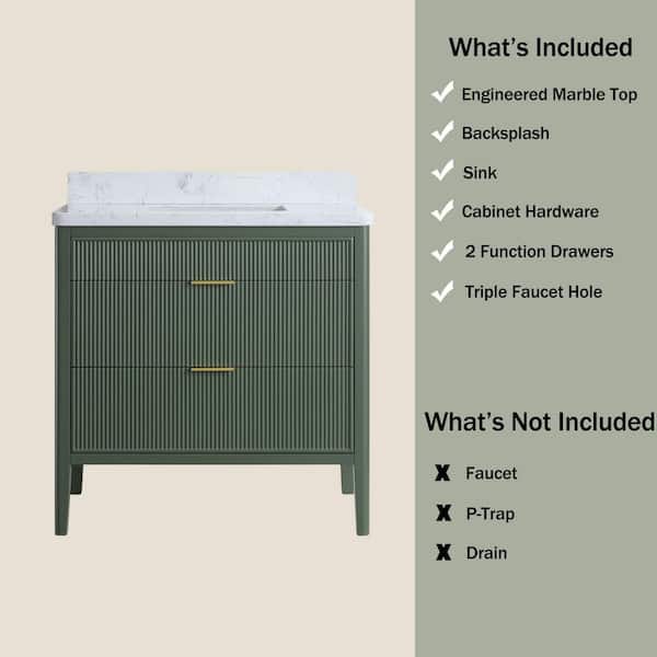 Liviza 36 in. Green Solid Wood Freestanding Bath Vanity with White