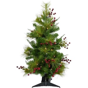 3 ft. Red Berry Mixed Pine Artificial Christmas Tree with LED Lights