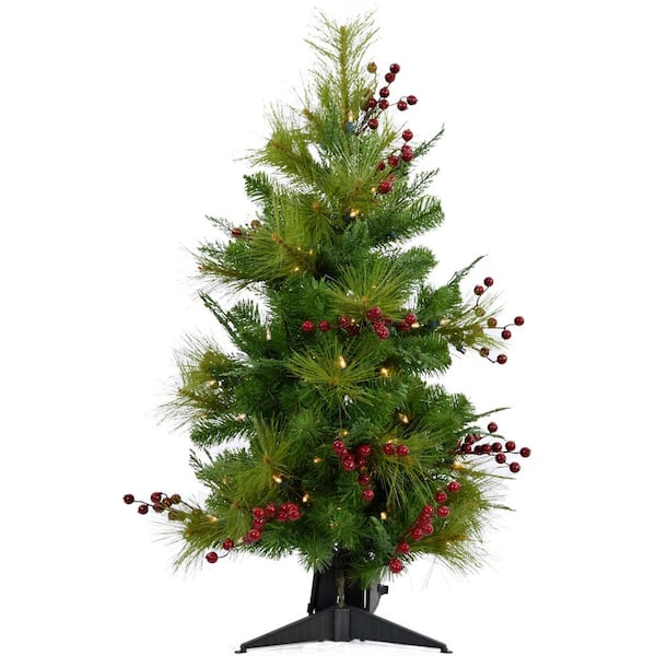 Christmas Time 3 ft. Red Berry Mixed Pine Artificial Christmas Tree with LED Lights