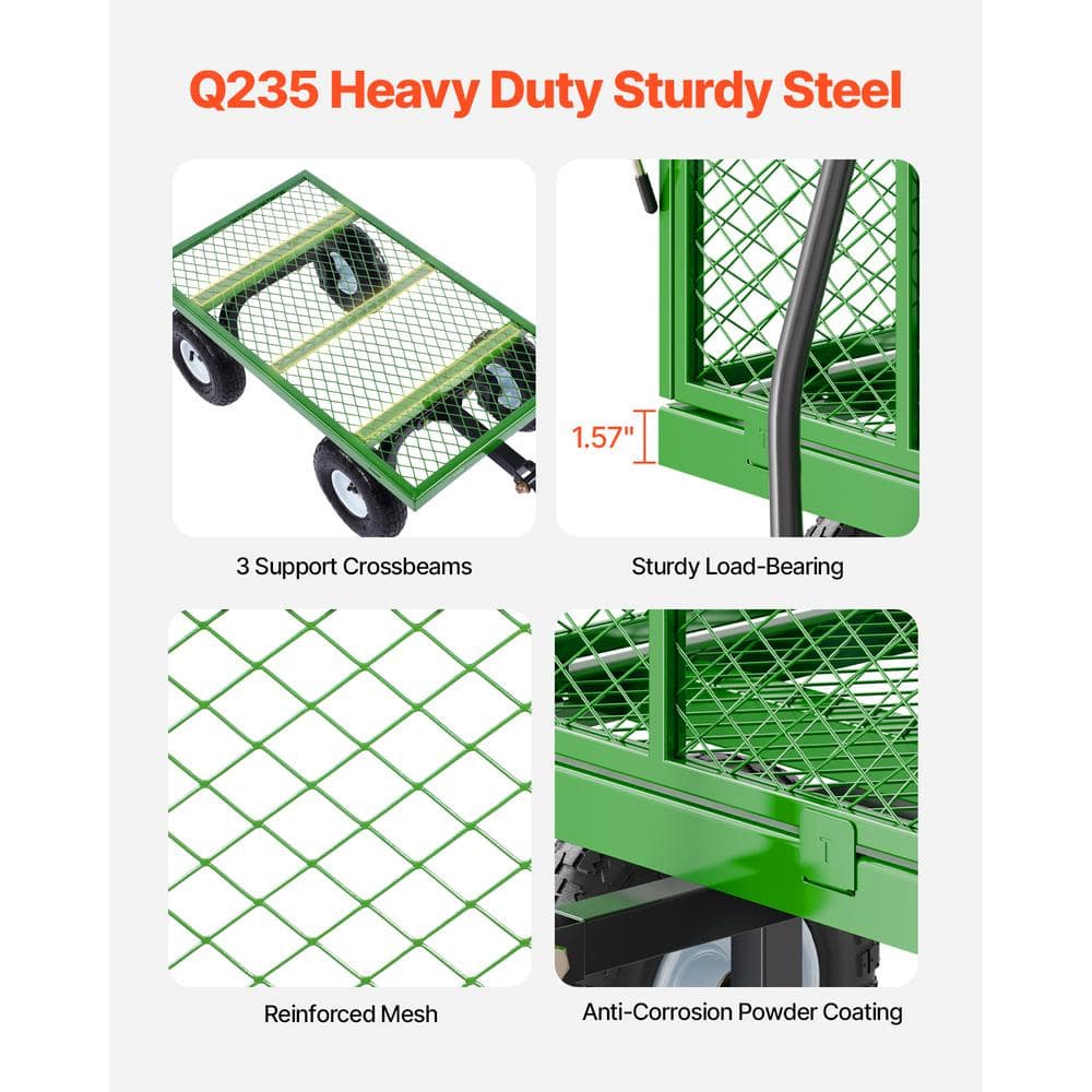 Green Heavy-Duty Steel Garden Cart with Rubber Tires