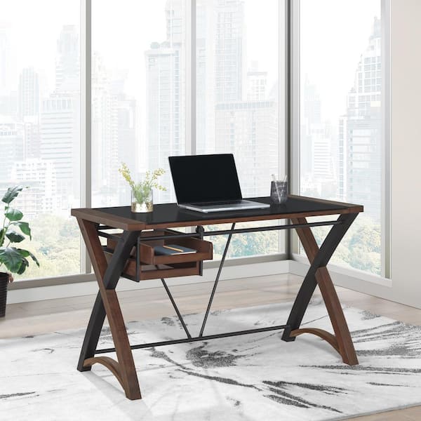 OSP Home Furnishings 48 in. Rectangle Rich Cherry Glass-Top Desk with Sliding Storage