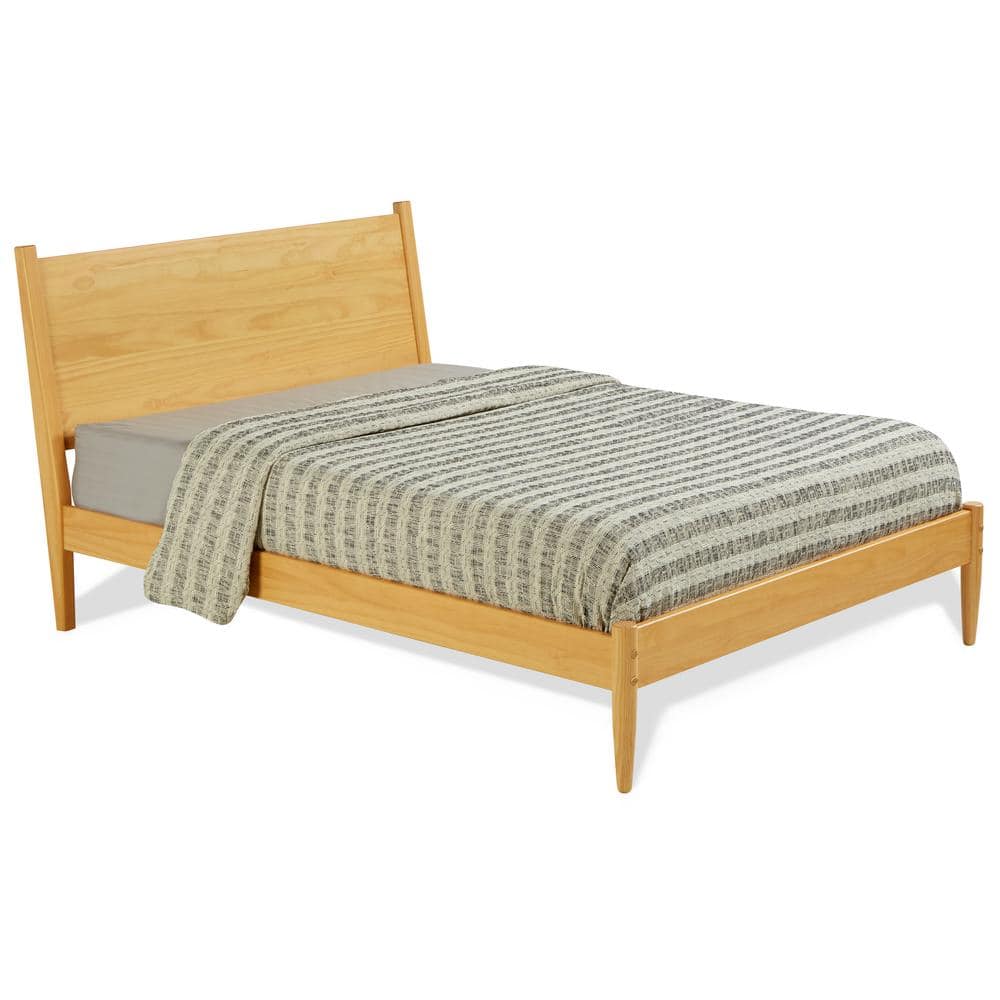 Scandinavian Oak Full Panel Mid-Century Modern Bed with Pine Frame