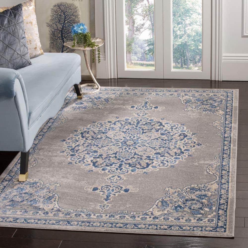 Gray and Blue Floral Medallion Rectangular Area Rug