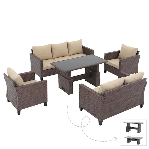 Freestyle 5-Piece Wicker Brown Outdoor Conversation Set with Lift Table, Beige Cushions