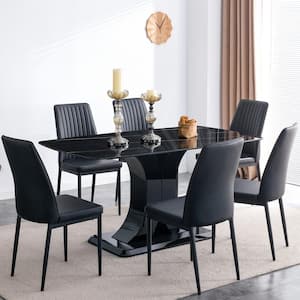 Black 7-Piece Rectangular Faux Marble Top Dining Table Set Seats 6-8 with Convertible Base, 6 Upholstered Chairs