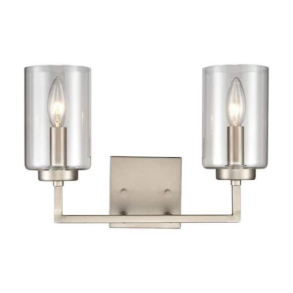 Titan Lighting Warder 14.5 in. W 2-Light Brushed Nickel Vanity Light with Glass Shades