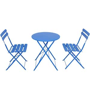 Blue 3 Pieces Metal Outdoor Bistro Set, Foldable Small Round Table and 2 Chair, for Camping Gatherings Bistros Balconies