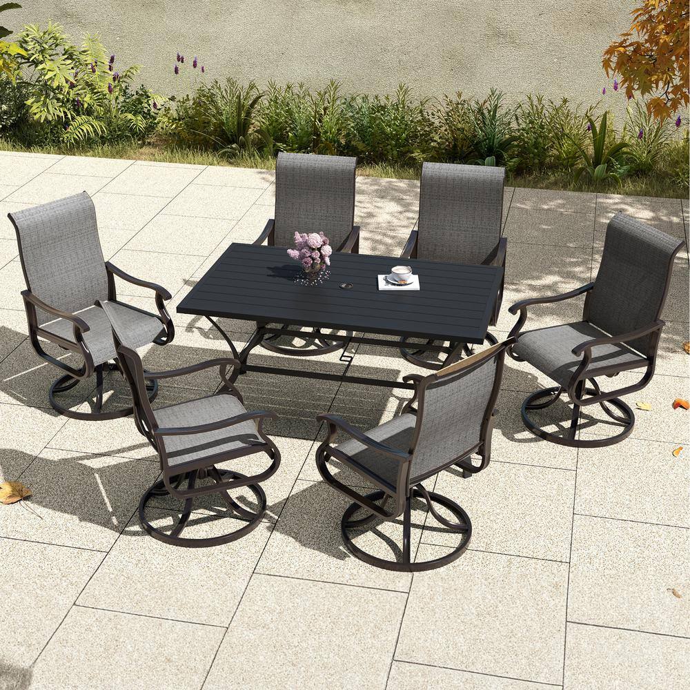 7-Piece Metal Outdoor Patio Dining Set with Padded Textilene Swivel Chairs