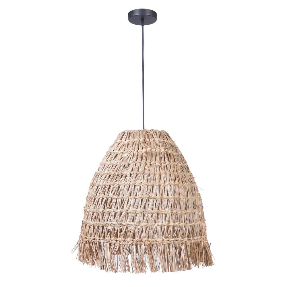 Espresso Woven Straw Dome Pendant Light with Cord