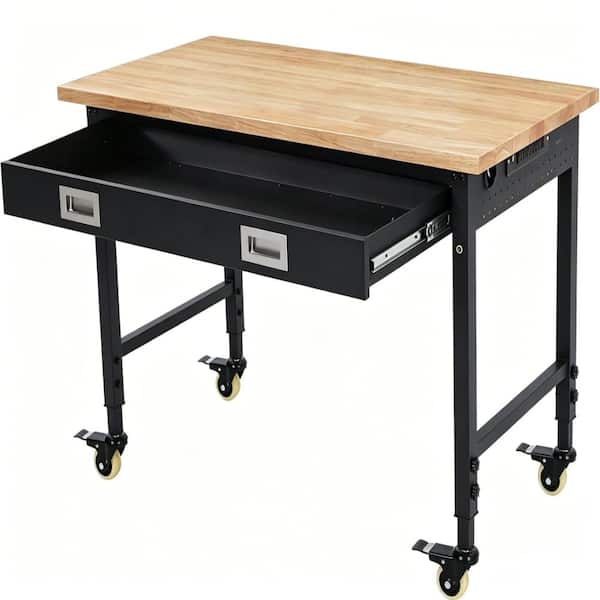 48" x 24" Adjustable Workbench with Drawer, Heavy-Duty Worktable with Power Outlet & Lockable Wheels, 2000 Lbs Capacity