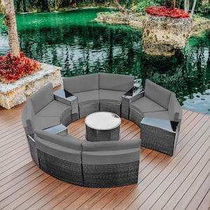 13-Piece Gray Wicker Outdoor Full Round Sectional Sofa Set with Gray Cushions and Round Table