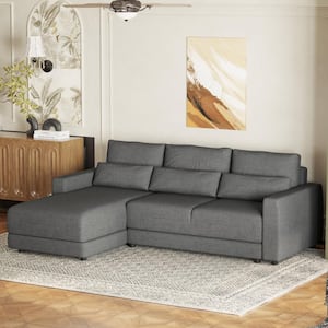 93 in. Straight Arm Linen L-shaped Sectional Sofa in Gray with Removable Back Cushions and 3 Lumbar Pillows