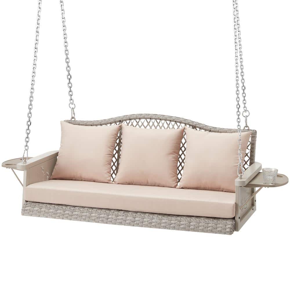 3-Seat White Wicker Hanging Patio Swing with Khaki Cushions