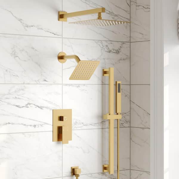 3 in. 1 Square, Showers with Valve 3-Spray Dual Wall Mount 10 in. Fixed and Handheld Shower Head 2.5 GPM in Brushed Gold