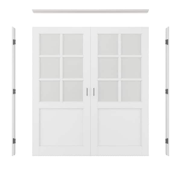 72 in. x 80 in. 6-Lite Frosted Glass Universal White Solid Core Glass Double Prehung French Door+ Quick Jamb&Ball Catch