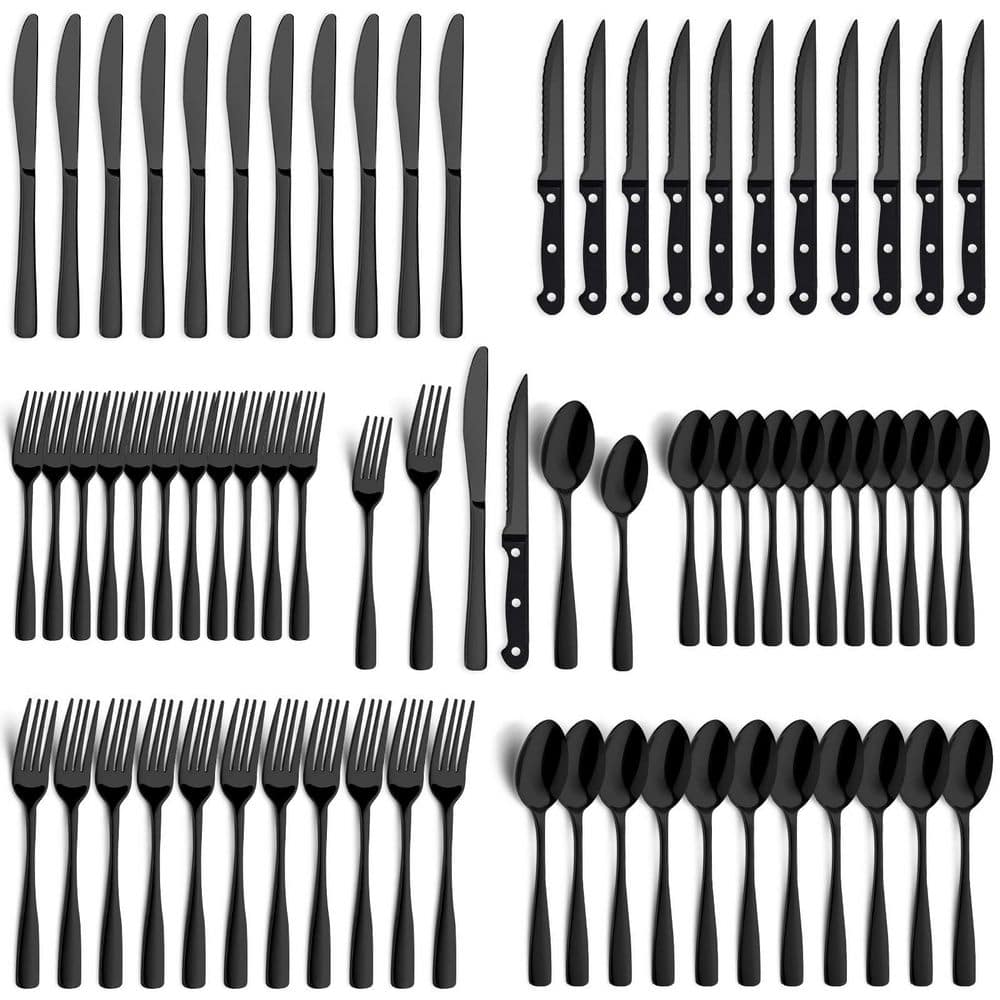 JFVKAF 5.12 in. Full Tang 72-Piece Stainless Steel Black Flatware Set, Dishwasher Safe with Steak Knives, Forks, Spoons SA1129E941