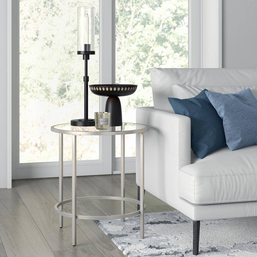 Sivil 20" Satin Nickel Round Metal & Glass Side Table
