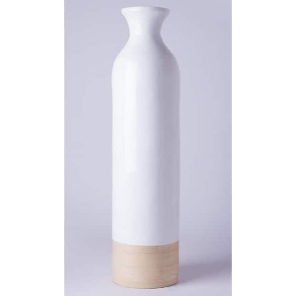 Uniquewise Glossy White Lacquer and Natural Bamboo Large Cylinder 
