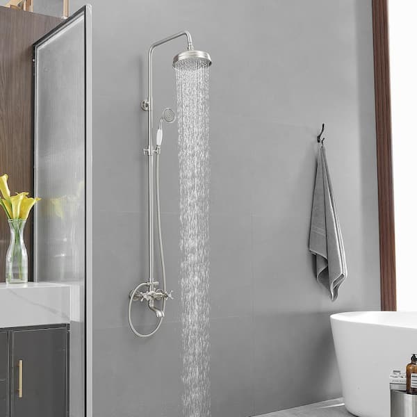1-Spray Bathroom Outdoor Wall Bar Shower Kit with Tub Faucet and Double Cross Handle in Brushed Nickel (Valve Included)