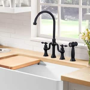 Brass Double Handle Deck Mounted Bridge Kitchen Faucet with Side Sprayer in Matte Black