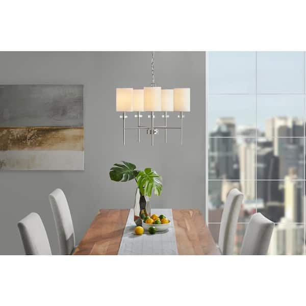 5 Light Modern Brushed Nickel Finish Chandelier With White Fabric Shades