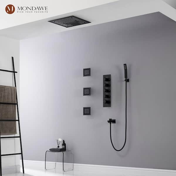 Luxury LED and Music 4-Spray Patterns Thermostatic 16 in. Ceiling Mount Rain Dual Shower Heads with 3-Jet in Matte Black