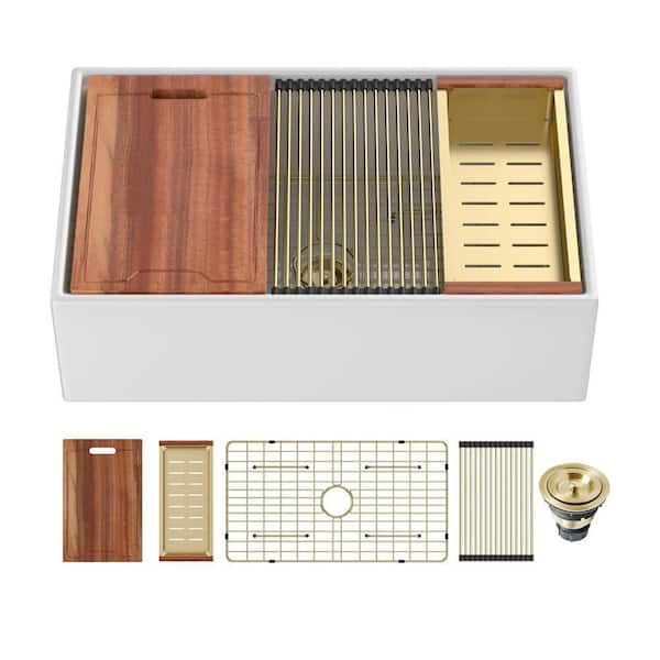 33 in. x 20 in. Fireclay White Single Bowl Farmhouse/Apron-Front Workstation Kitchen Sink with Bottom Grids