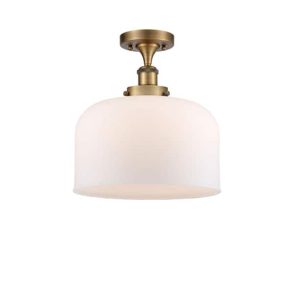 Bell 12 in. 1-Light Brushed Brass Industrial Semi-Flush Mount with Frosted Glass Shade