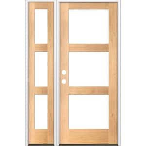 46 in. x 80 in. Modern Hemlock Right-Hand/Inswing 3-Lite Clear Glass Clear Stain Wood Prehung Front Door w/Left Sidelite