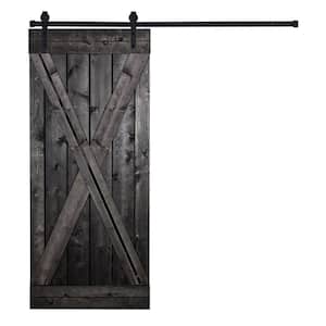 Modern X Style Series 38 in. x 84 in. Charcoal black stained Knotty Pine Wood DIY Sliding Barn Door with Hardware Kit