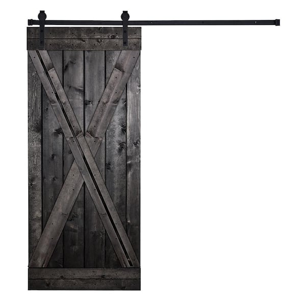 AIOPOP HOME Modern X Style Series 38 in. x 84 in. Charcoal black stained Knotty Pine Wood DIY Sliding Barn Door with Hardware Kit