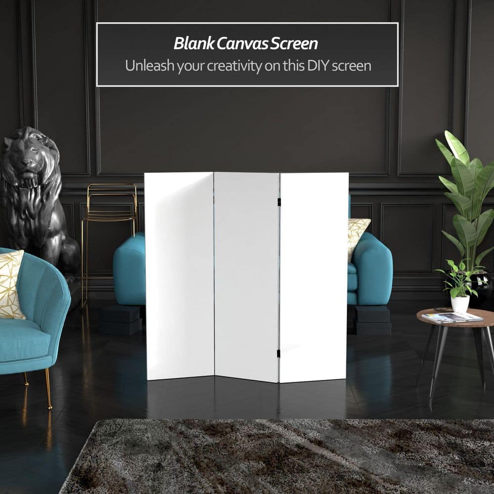 White Canvas 4 ft. Folding Room Divider with Spruce Wood Frame