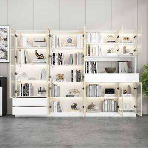 78.7 in. Tall 30-Shelf White Wood Standard Bookcase Combo Bookshelf With Tempered Glass Doors, LED Lights, Drawers