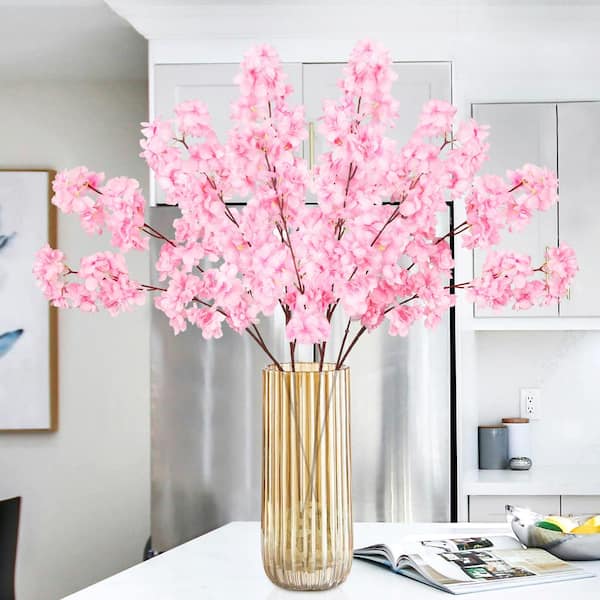 42 in. Double Bloom Pink Artificial Cherry Blossom Flower Stem Spray Set of 4