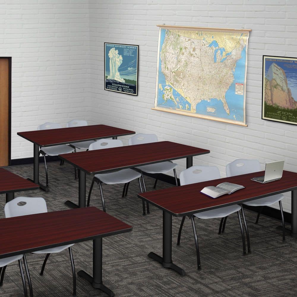 Cain 72 in. x 24 in. Mahogany T-Base Training Seminar Table Desk and 2-M Stack Chairs-Grey