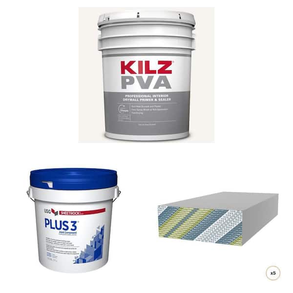 PVA 5 Gal. White Interior Drywall Primer, 4.5 gal. Joint Compound and 1/2 in. x 4 ft. x 8 ft. Drywall (5-Sheet) Combo