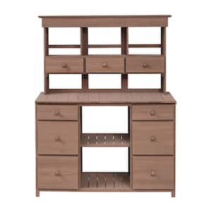 50 in. W x 65.7 in. H Brown Wood Outdoor Garden Potting Bench Table with Multiple Drawers, Shelves and Hooks for Storage