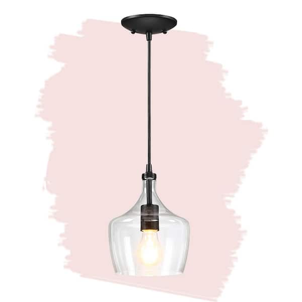 1-Light Kitchen Island Teardrop Clear Glass Pendant with Black