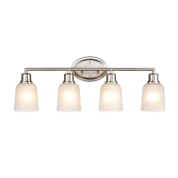 Amberle 28 in. 4-Light Brushed Nickel Vanity Light with Frosted White Glass Shade