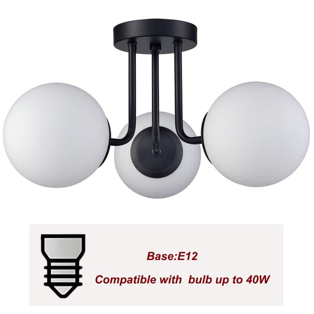 Opal Matte Black and White Glass Globe LED Semi-Flush Mount Light