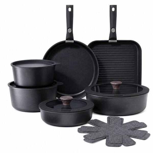 17 Piece Pots and Pans Set, Nonstick Detachable Handle Cookware Set, Induction Kitchen Cookware Set (Black)