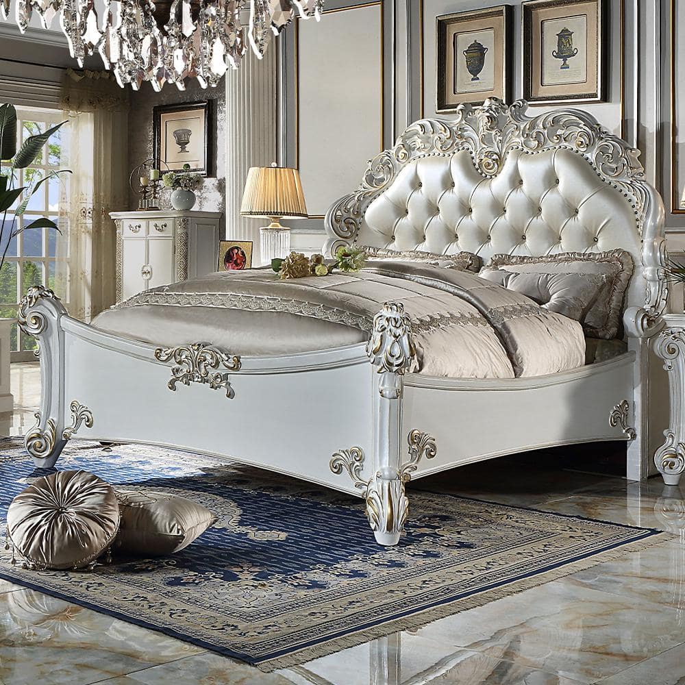 Vendome Queen Bed with Antique Pearl Finish and Tufted Upholstery