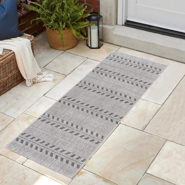 Paseo Moran Stripe Ash/Steel 2 ft. x 6 ft. Striped Indoor/Outdoor Runner Rug