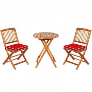 3-Piece Acacia Wood Round Outdoor Bistro Set Classic Garden Bistro Set with Red Cushions