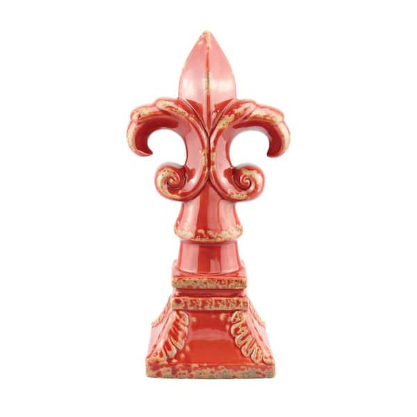 Stonebriar Collection 7.5 in. x 15 in. Worn Red Fleur De Lis Ceramic Pedestal