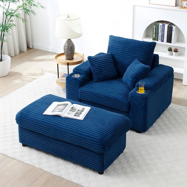 Valiant Modern Oversized Blue 43.3 in. Fabric Upholstered Accent Chair with Wide Armrests, Storage Ottoman, Cup Holders